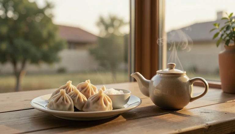 AI illustration of An imagined shared Chinese table: a plate of dumplings, a bowl of rice and a pot of tea in warm evening light, with no restaurant signage.