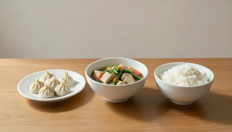 AI illustration of Illustration of closed pleated dumplings beside tofu and vegetables and white rice.