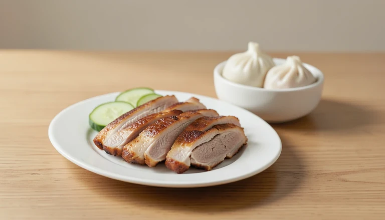 AI illustration of cooked duck slices with cucumber and plain buns
