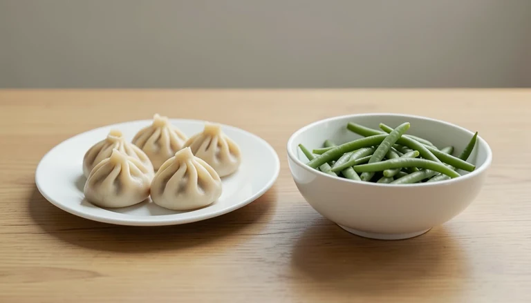 AI illustration of Generic editorial illustration of cooked vegetable dumplings and string beans in separate dishes.