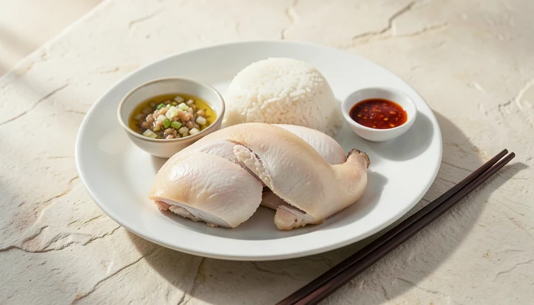 AI illustration of poached chicken with rice, ginger-scallion sauce and chili sauce