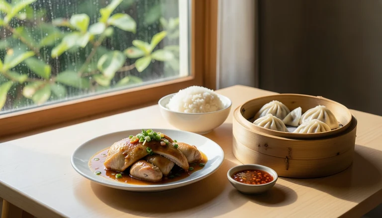 AI illustration of An imagined Chinese dinner table: a bamboo steamer of soup dumplings, sliced roast duck, a clay pot of rice, and a bowl of chili-oil fish, with tea and chopsticks beside a warm window.