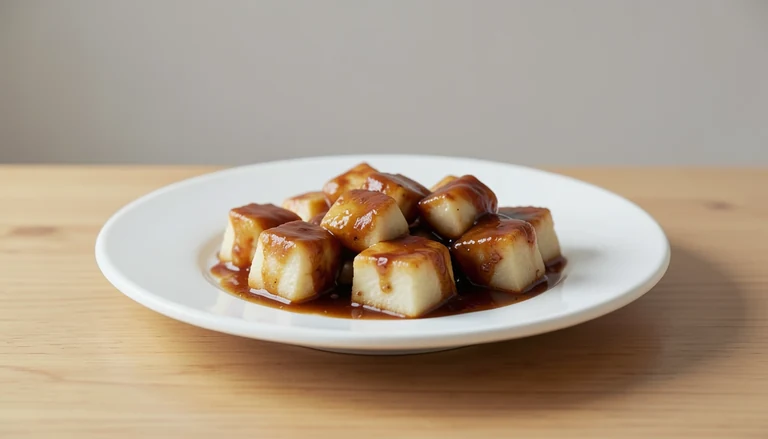 AI illustration of small tofu pieces coated with glossy brown sauce