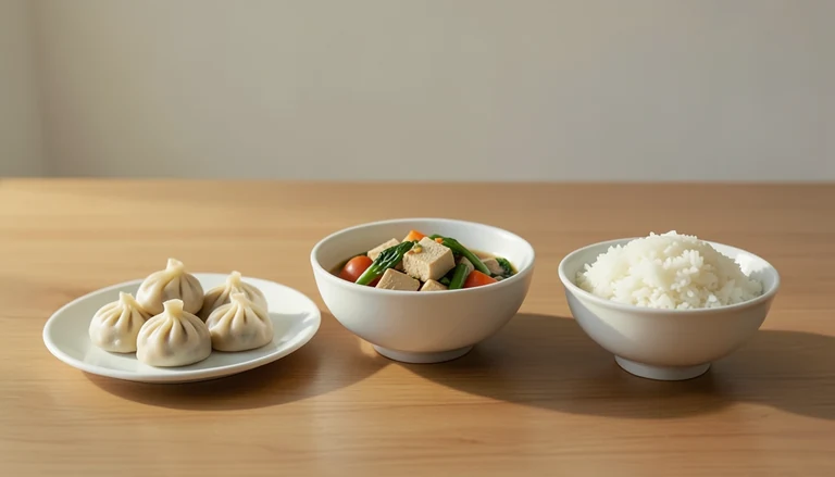 AI illustration of Illustration of a shared meal with closed dumplings, tofu and vegetables, and rice.