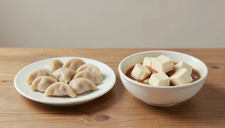 AI illustration of Generic editorial illustration of cooked pork dumplings and tofu in separate dishes.