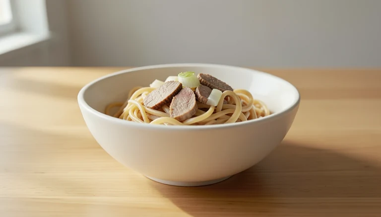 AI illustration of wheat noodles with slices of meat and onions