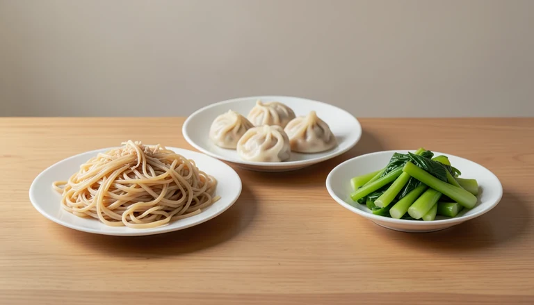 AI illustration of Illustration of a shared table with wheat noodles, closed dumplings and bok choy.