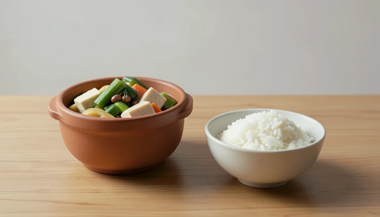 AI illustration of Generated food illustration of vegetables and bean curd in a claypot with rice.
