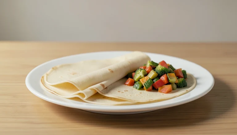 AI illustration of Illustration of thin folded pancake sheets with cooked vegetables.