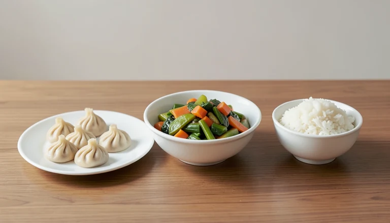 AI illustration of Illustrated shared table with closed dumplings, cooked vegetables and rice.