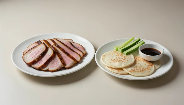 AI illustration of sliced roast duck with thin pancakes, cucumber and scallion