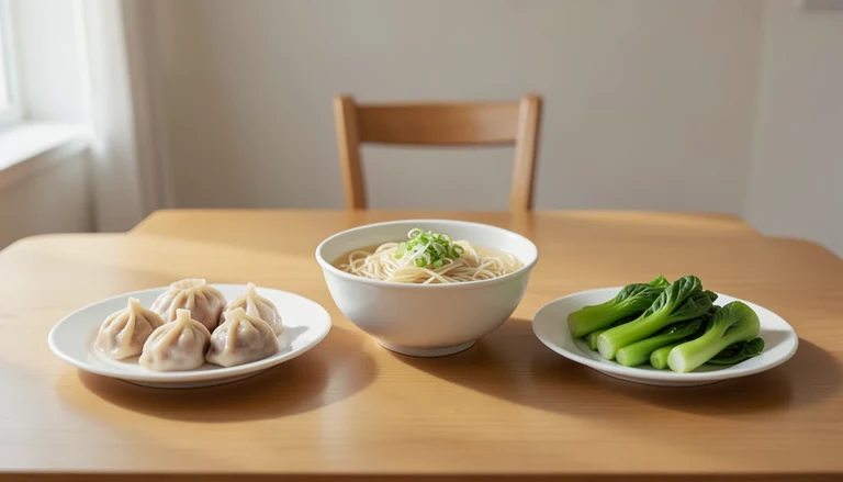AI illustration of Illustrated shared table with pleated soup dumplings, a noodle bowl and green vegetables.