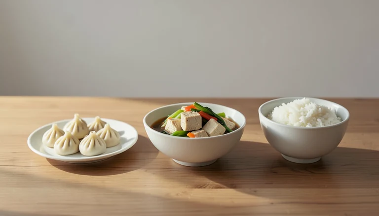 AI illustration of Illustration of closed pleated dumplings beside tofu and vegetables and white rice.