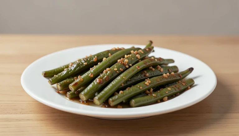 AI illustration of thin cooked green beans with browned garlic pieces