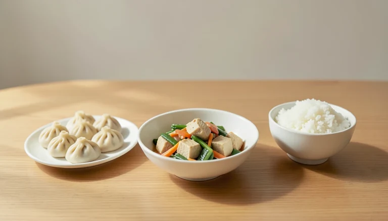 AI illustration of Illustration of closed pleated dumplings beside cooked tofu and vegetables and white rice.