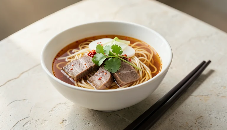 AI illustration of Lanzhou-style beef noodle soup in clear broth