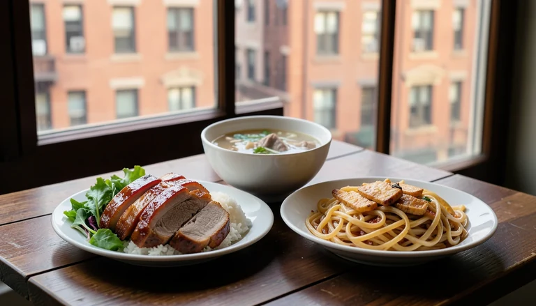 AI illustration of A Chinatown restaurant table with bamboo steamers of dumplings, a bowl of hand-pulled noodles and roast duck slices on a plate, with a street-facing window behind.