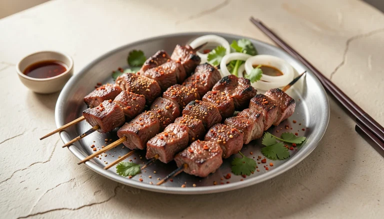 AI illustration of cumin-dusted lamb skewers with chili, onion and cilantro