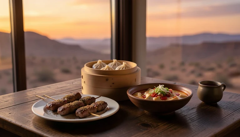 AI illustration of An imagined Chinese meal on a patio table at desert dusk: a bamboo steamer of shrimp dumplings, a bowl of chili-oil noodles, a plate of stir-fried greens and a pot of tea, with a warm orange sky beyond the table.