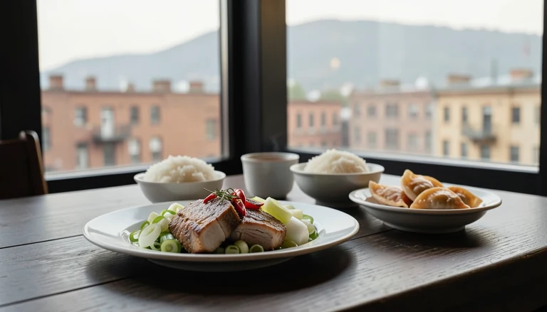 AI illustration of An imagined shared Chinese dinner: a bamboo steamer of shrimp dumplings, a bowl of chili-oil noodles, sliced roast pork over rice, and cumin lamb skewers, with tea and chopsticks on a wooden table.
