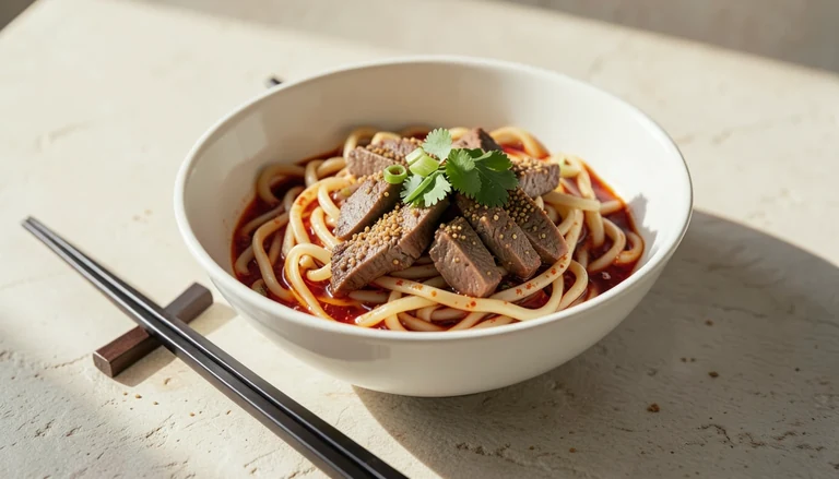 AI illustration of wide hand-pulled noodles with chili oil, scallion and sliced lamb