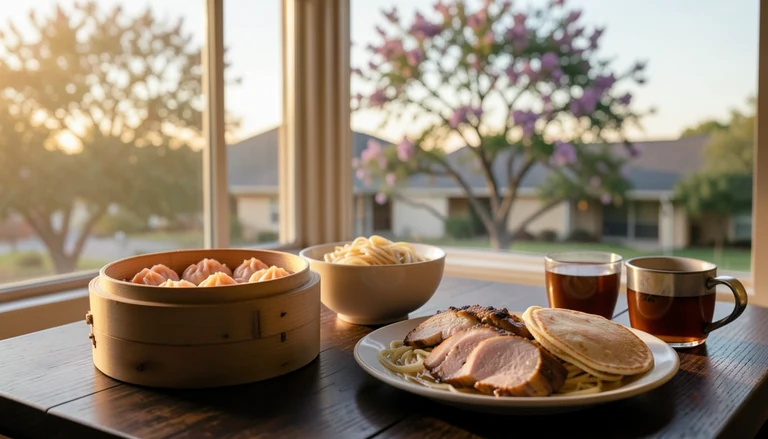 AI illustration of An imagined shared Chinese table: a bamboo steamer of shrimp dumplings, a bowl of wide hand-pulled noodles, a plate of sliced roast duck with pancakes, and a pot of tea in warm evening light, with no restaurant signage.