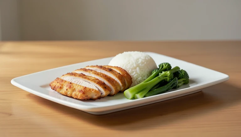 AI illustration of a crispy chicken cutlet with rice and cooked vegetables
