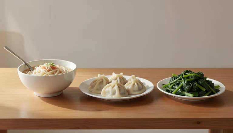 AI illustration of Illustrated shared table with dumplings, noodles and vegetables; no real restaurant depicted.