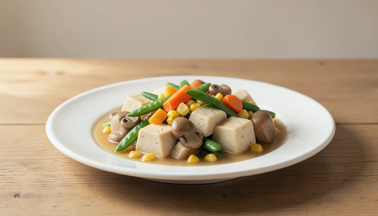 AI illustration of pale tofu cubes with cooked mushrooms and mixed vegetables