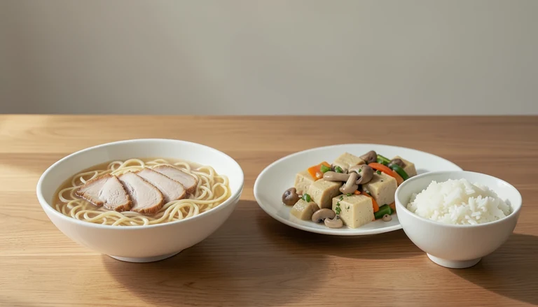 AI illustration of Illustration of noodle soup, braised tofu with vegetables and rice.