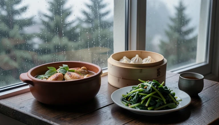 AI illustration of An imagined Portland dinner table: a bamboo steamer of shrimp dumplings, a divided hot pot of mild and spicy broth, a bowl of rice noodles in pork-bone soup, chili-oil wontons, and tea.