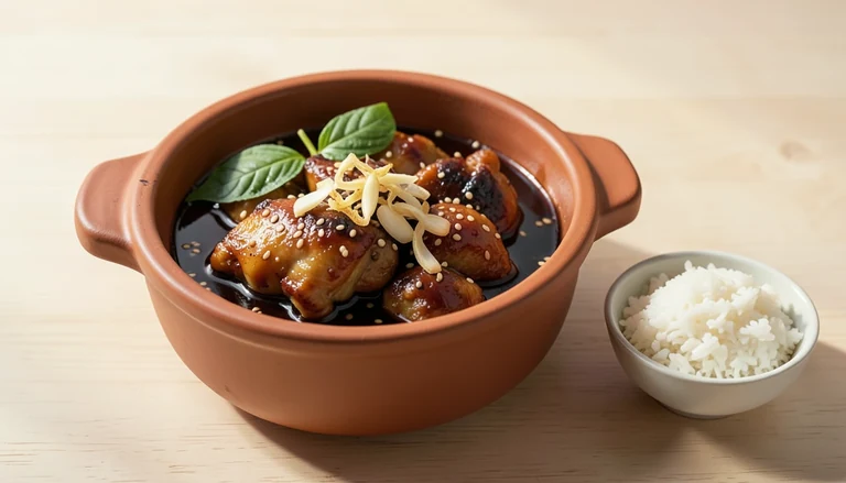 AI illustration of braised chicken with Thai basil and ginger in a clay pot