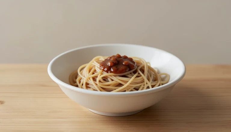 AI illustration of thin cooked noodles with brown and reddish sauce