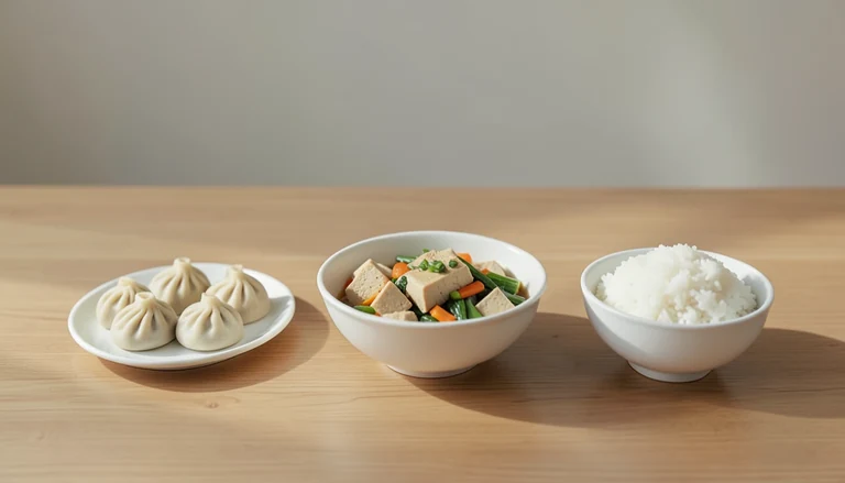 AI illustration of Illustration of closed pleated dumplings, cooked tofu and vegetables and white rice.