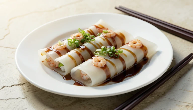 AI illustration of steamed rice noodle rolls with shrimp in sweet soy sauce and scallion