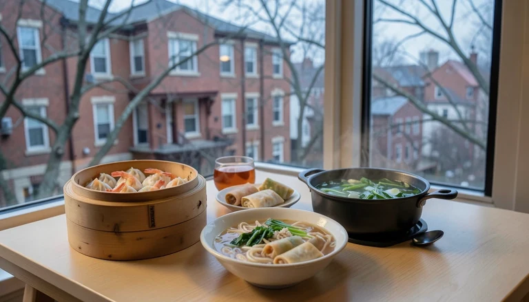 AI illustration of An imagined shared Chinese table: a bamboo steamer of shrimp dumplings, a bowl of rice noodle soup, a plate of rice rolls and a hot pot simmering beside a pot of tea in warm evening light, with no restaurant signage.
