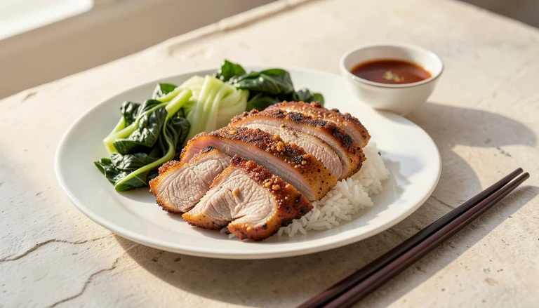 AI illustration of crispy roast pork over rice with greens