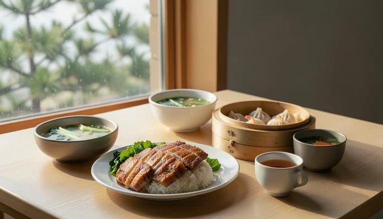 AI illustration of An imagined weeknight Chinese table: a bamboo steamer of soup dumplings, a plate of roast duck, a bowl of chili-oil noodles, cold cucumber and tea, with no restaurant sign in view.
