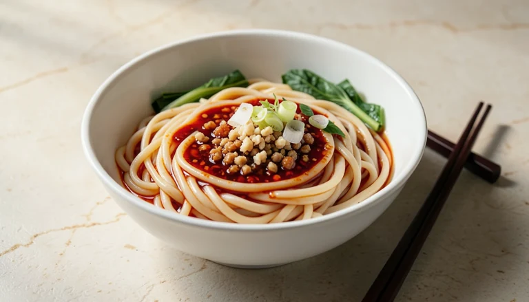 AI illustration of thick hand-pulled noodles in chili oil with minced pork, scallion and greens