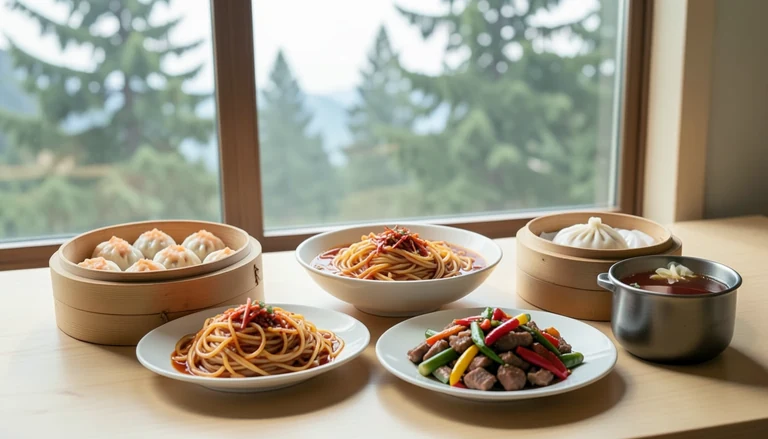AI illustration of An imagined shared Chinese table in soft daylight: a bamboo steamer of shrimp dumplings, a bowl of wide hand-pulled noodles in red chili oil, a plate of stir-fried greens, a sizzling iron plate of stuffed tofu and a pot of tea, with no restaurant signage.