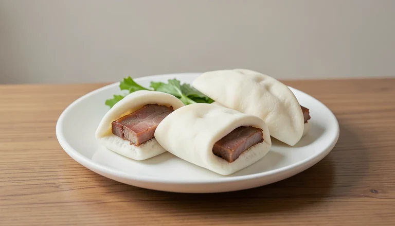 AI illustration of folded white buns around cooked pork slices and greens