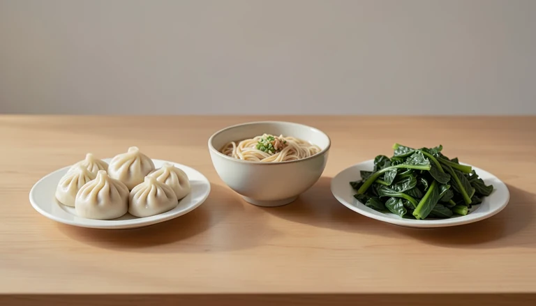 AI illustration of Illustration of a shared table with closed dumplings, noodles and cooked greens.