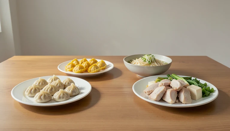 AI illustration of Illustration of a shared table with soup dumplings, dim sum baskets, scallion noodles, Cantonese chicken and a tofu wok plate.