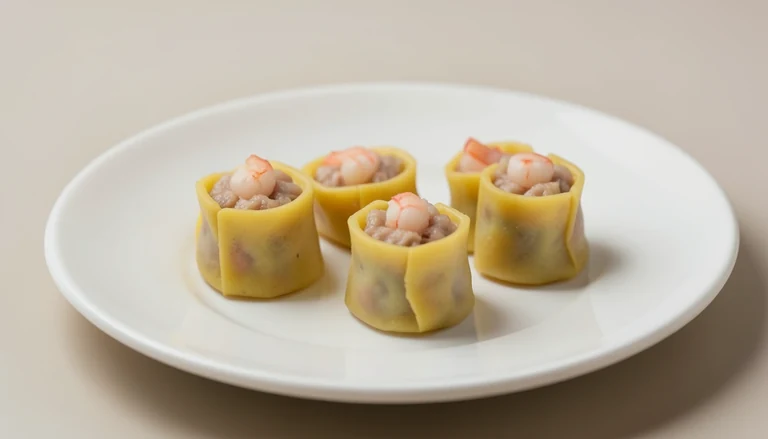 AI illustration of open-topped yellow-wrapper siu mai on a plain plate