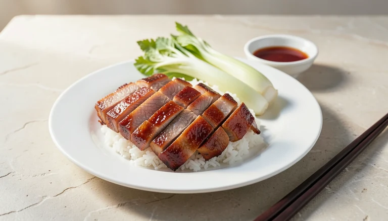 AI illustration of sliced char siu barbecue pork over rice with greens