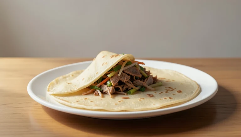 AI illustration of thin pancakes beside cooked shredded pork and vegetables