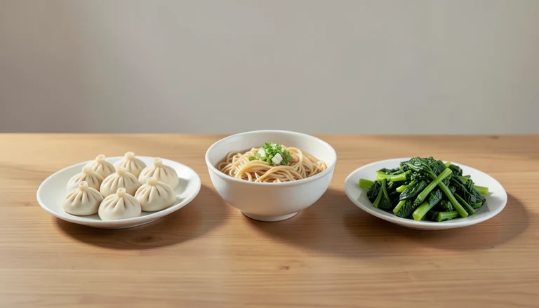AI illustration of Illustration of a shared meal with dumplings, wheat noodles and cooked green vegetables.