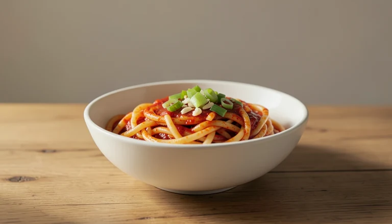 AI illustration of wheat noodles dressed with red chili oil