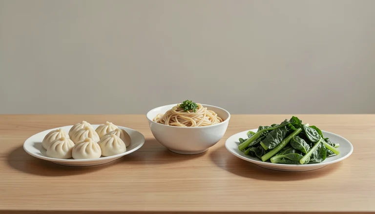 AI illustration of Illustration of a shared table with closed dumplings, noodles and cooked greens.