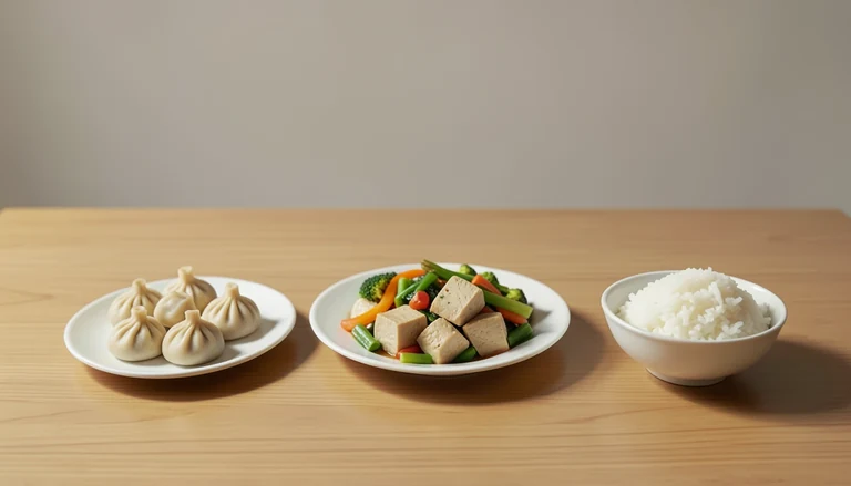 AI illustration of Illustration of a shared meal with closed dumplings, tofu and vegetables, and rice.